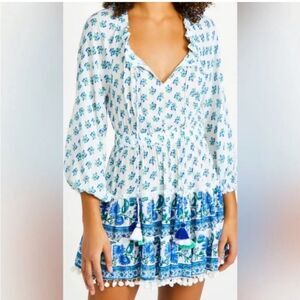 Playa Lucila Women's Floral Short Dress Blue Multi Size S Long Sleeve